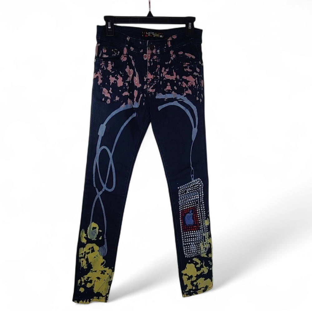 GUSHI Tie Dye Skinny Jeans Cell Phone Earbuds Rhinestones Sz 28 Rare